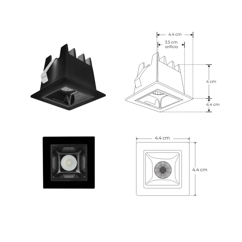 Lámpara LED Negra 2W Cuadrado Empotrar Apertura 24º/ 36º Blanco Cálido y Neutro - Wattko